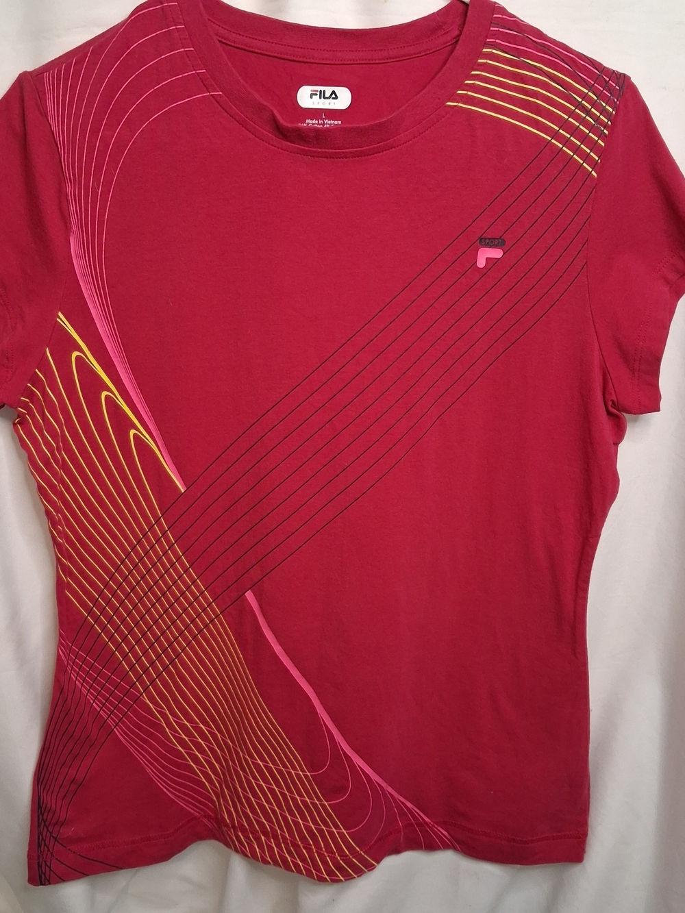 FILA Sport Women's Active Tee Berry Pink Abstract Neon Stripe L Performance Tee